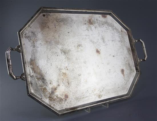 A 1930s silver two handled octagonal tea tray by Mappin & Webb,